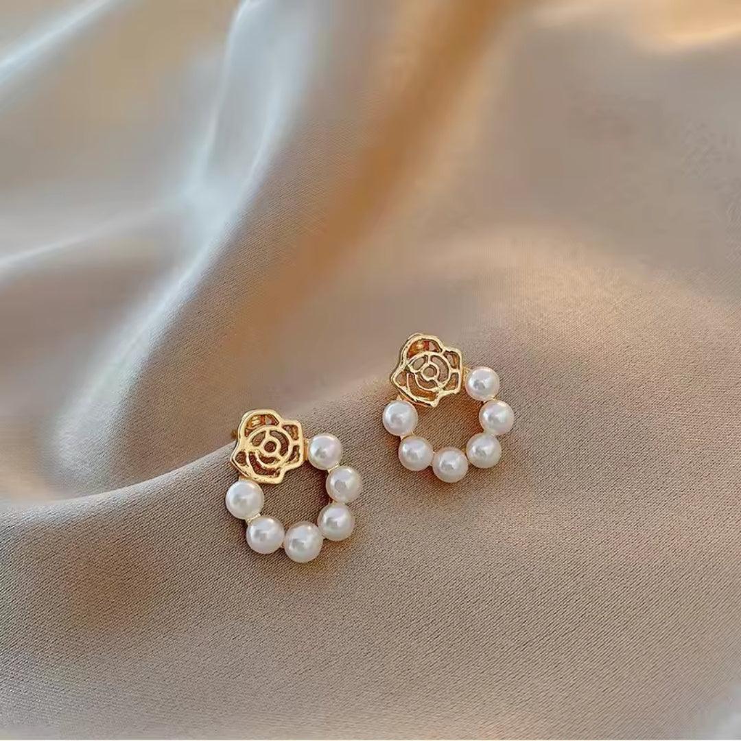 Pearl Circle Rose Stud Earrings