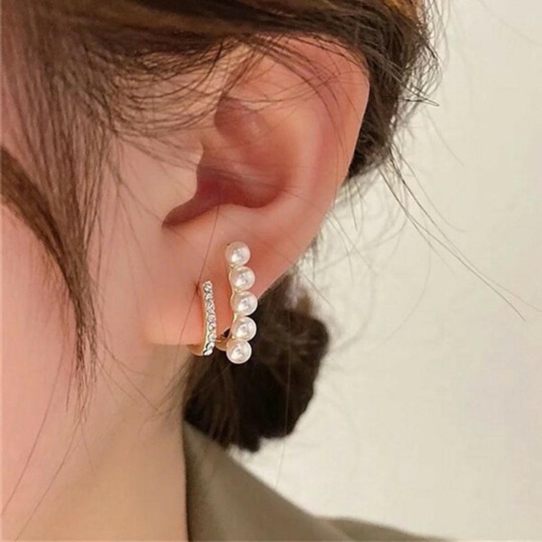 Modern Pearl and Rhinestone Bar Earrings