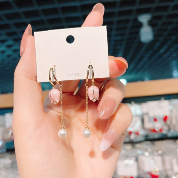 Pink Flower With Long Chain Earring