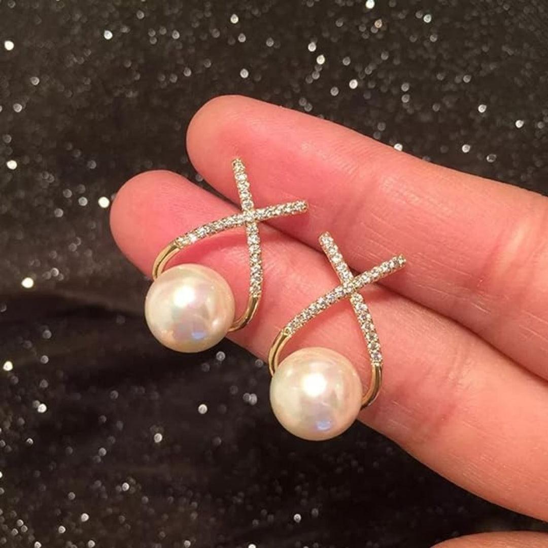 Pearl and Diamond Crossover Earrings