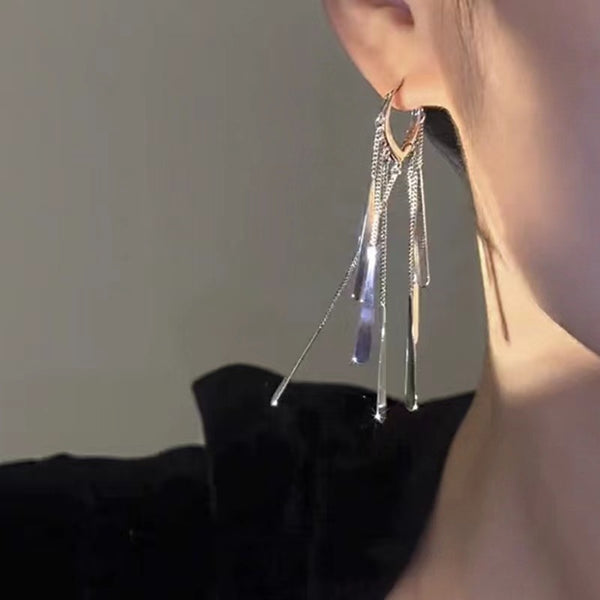 Metallic Silver Long Tassel Earrings