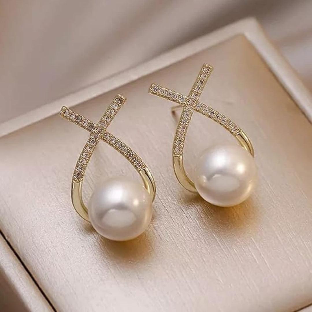 Pearl and Diamond Crossover Earrings