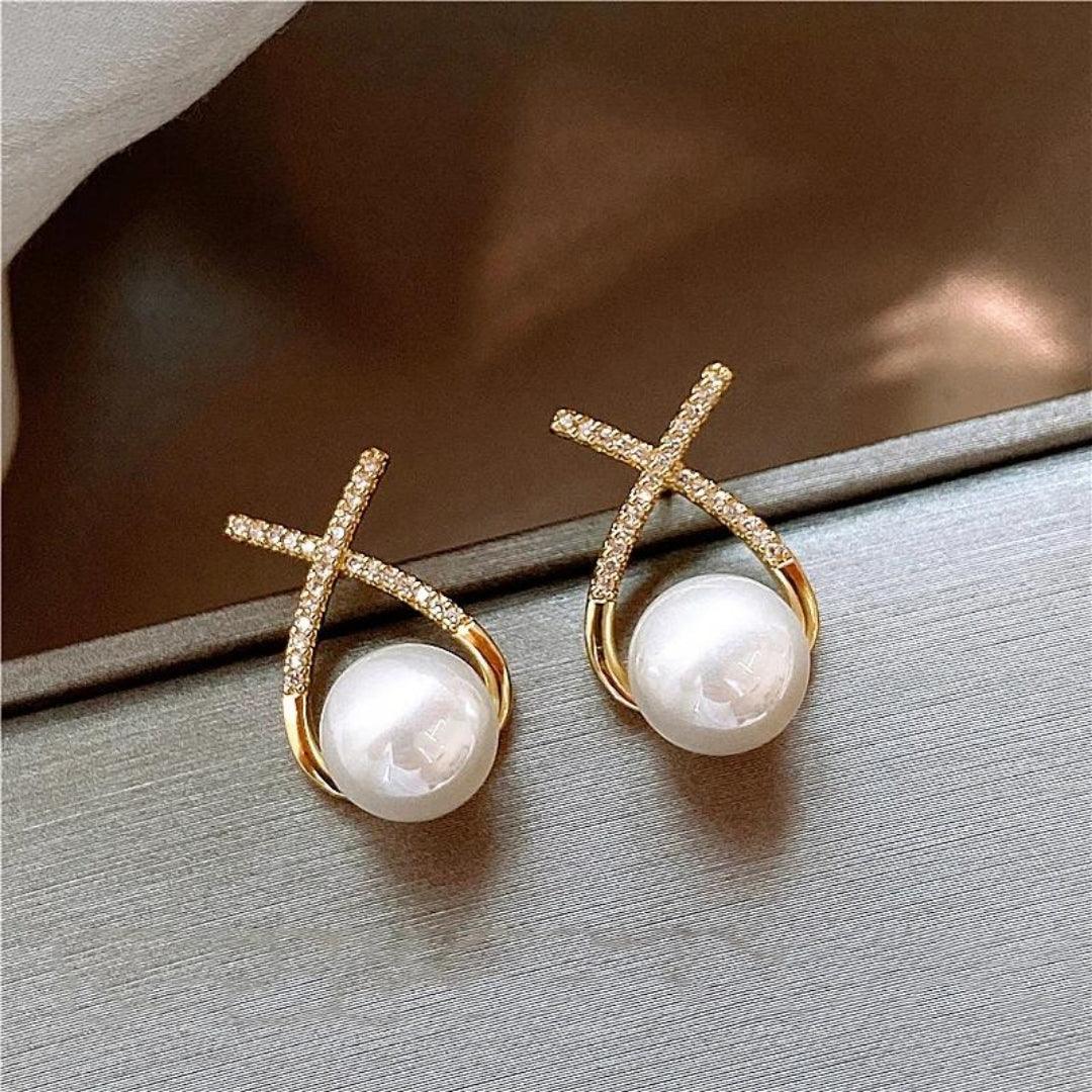 Pearl and Diamond Crossover Earrings