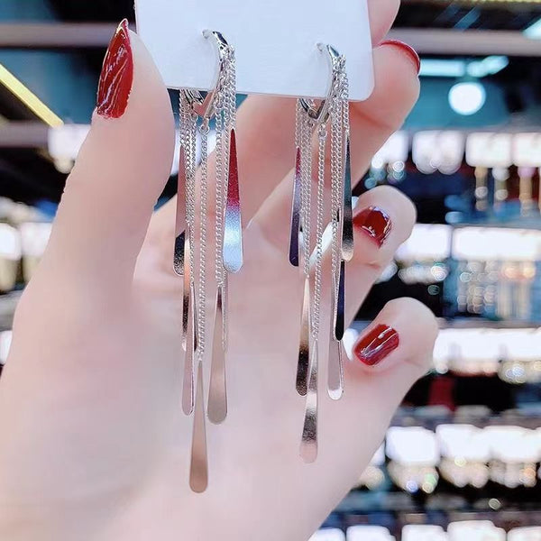 Metallic Silver Long Tassel Earrings