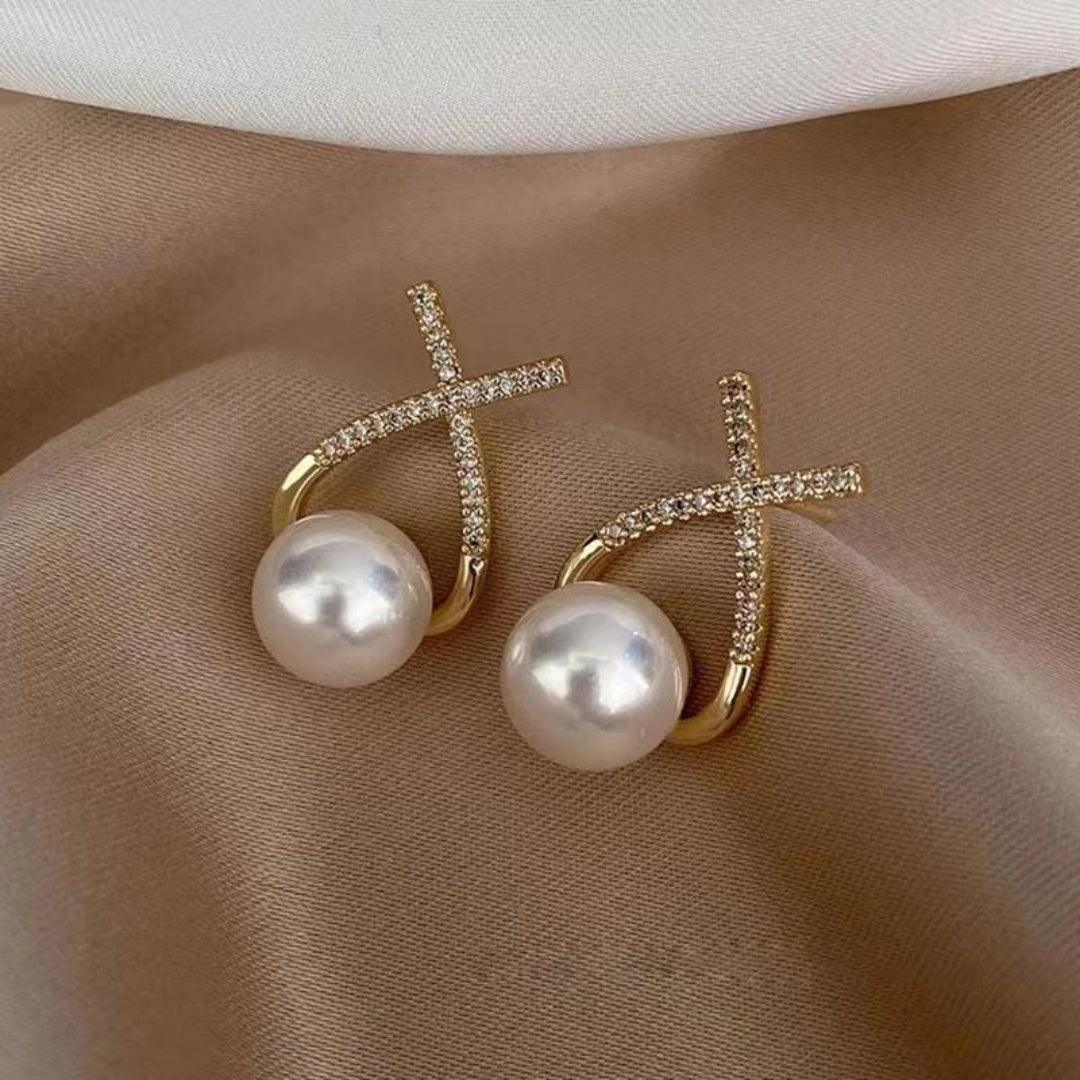 Pearl and Diamond Crossover Earrings