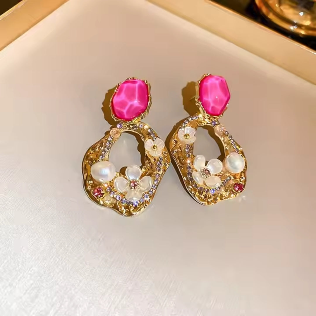 Pink Gemstone Floral Earrings with Pearls