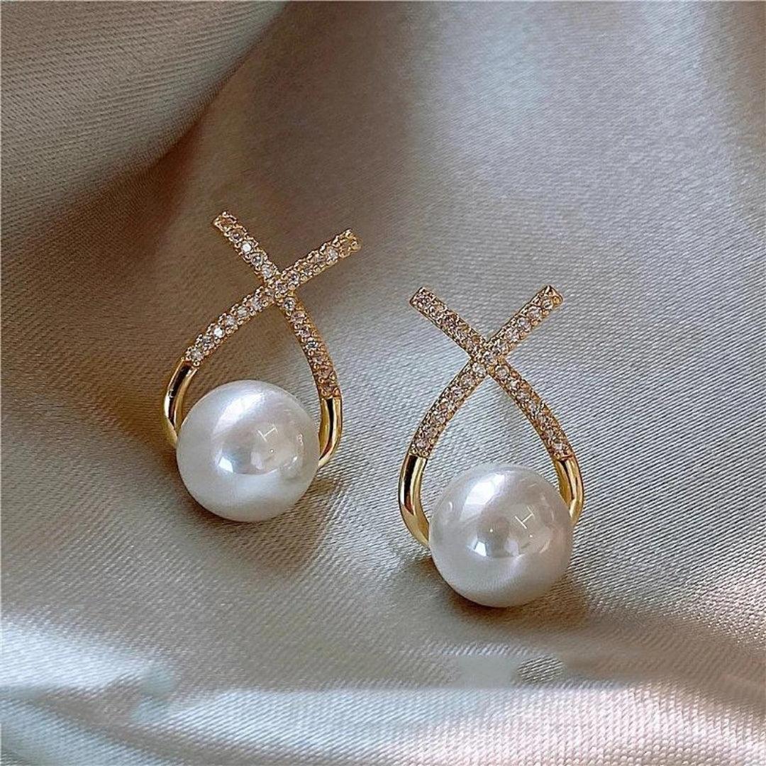 Pearl and Diamond Crossover Earrings