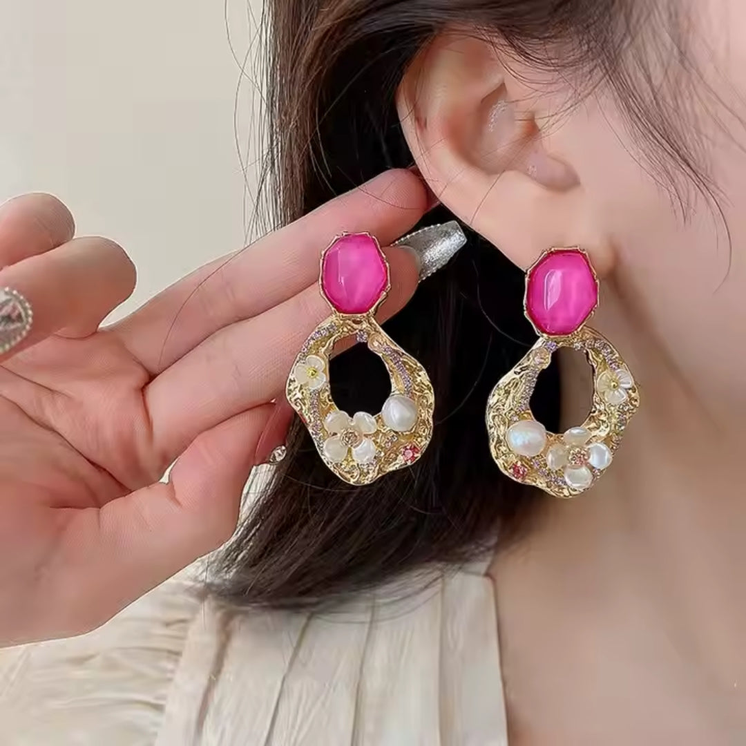 Pink Gemstone Floral Earrings with Pearls