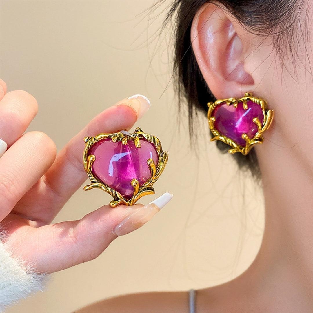 Pink heart clip on statement earring