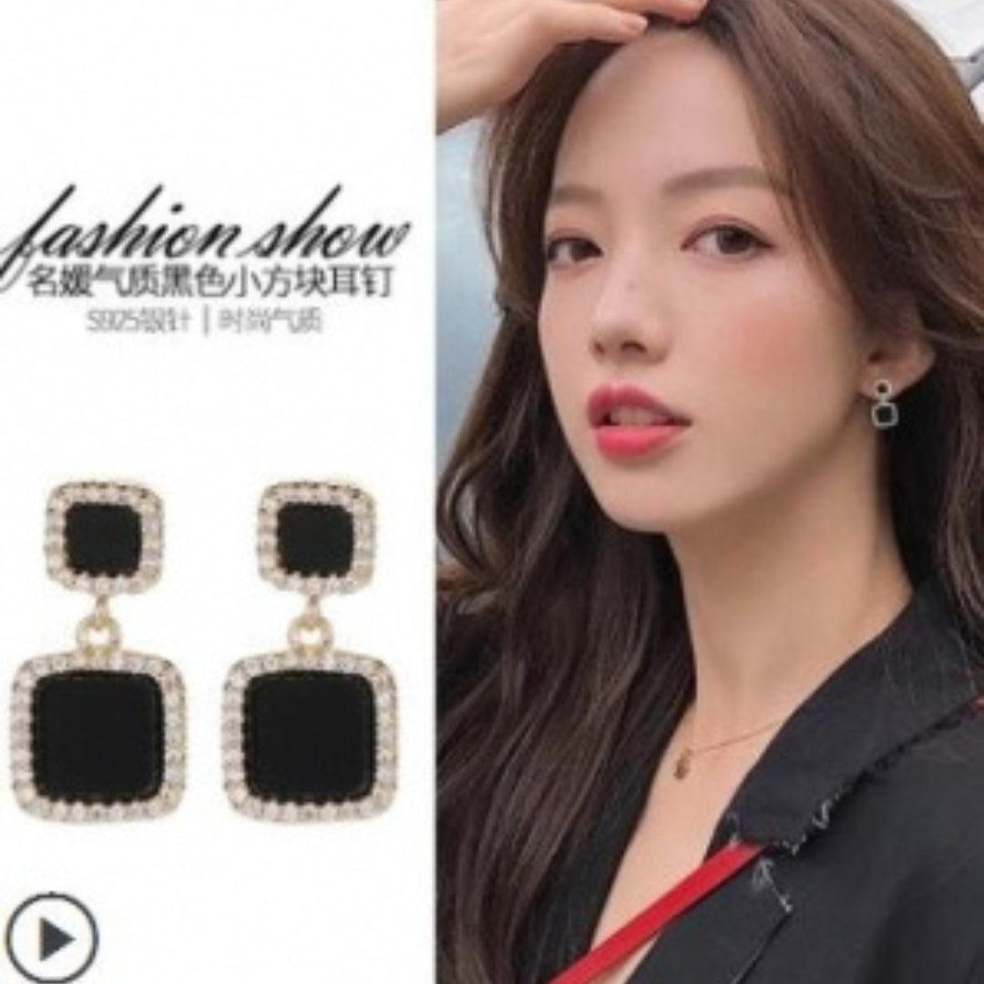 Black and Gold Square Drop Earrings