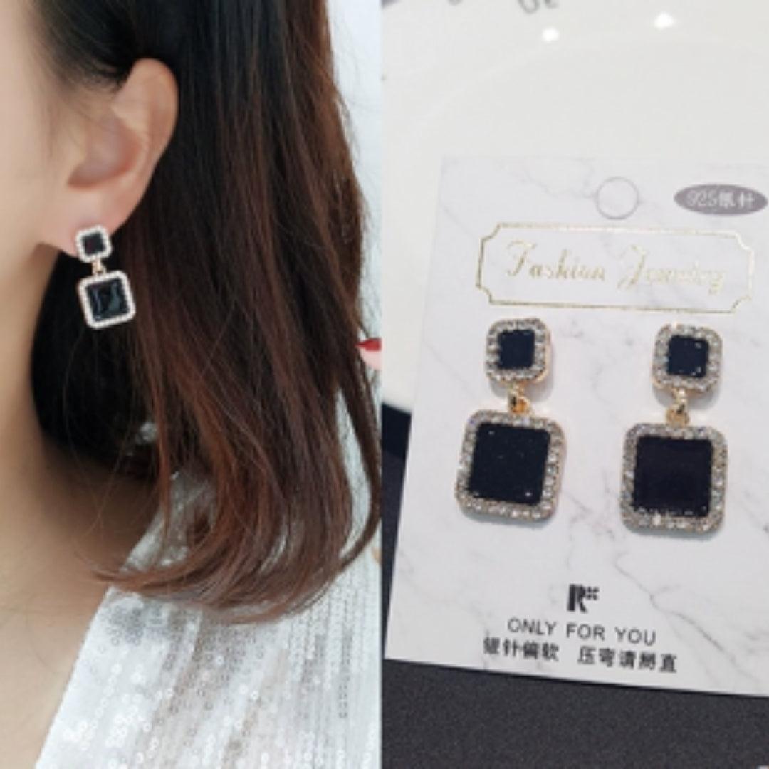 Black and Gold Square Drop Earrings