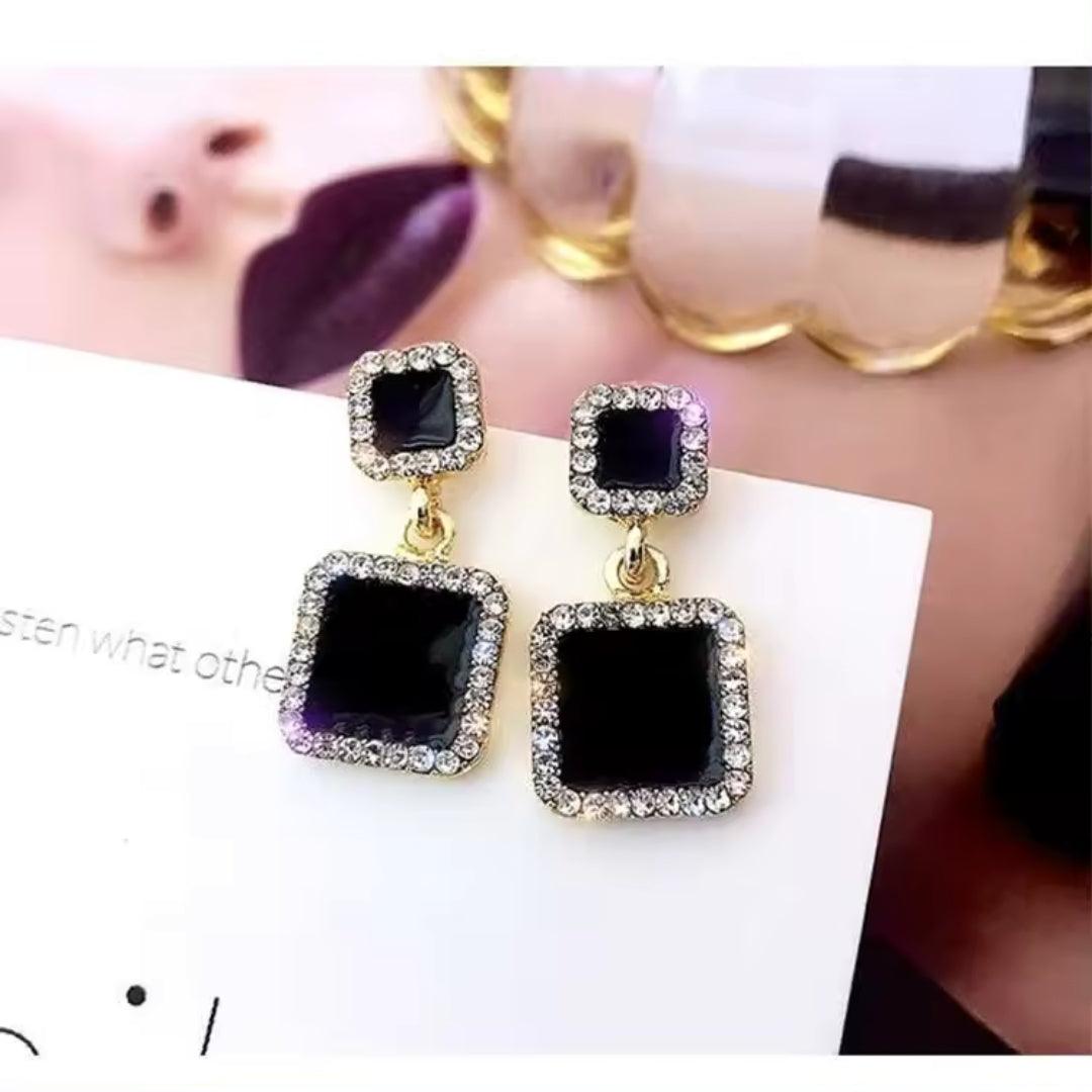 Black and Gold Square Drop Earrings