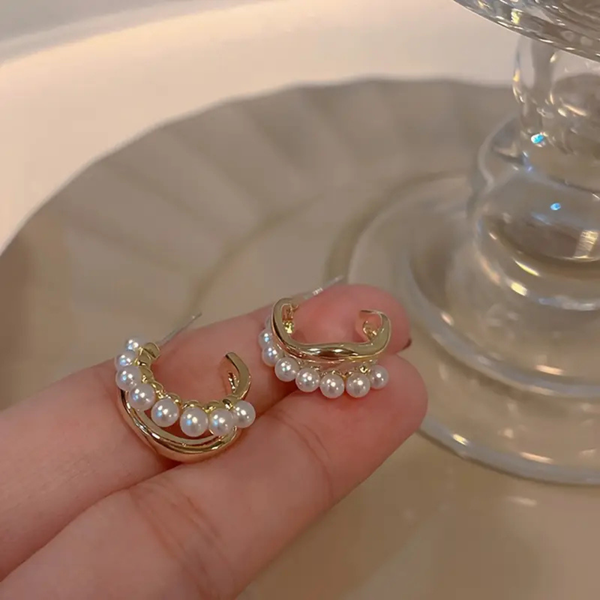 Korean Pearl Hoop Stud Earrings