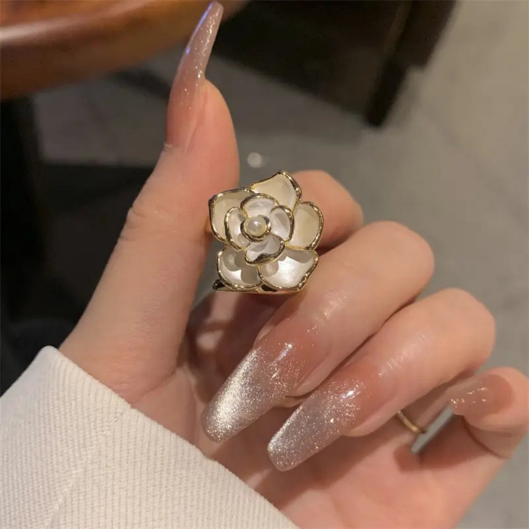 Gold Pearl Flower Open Ring