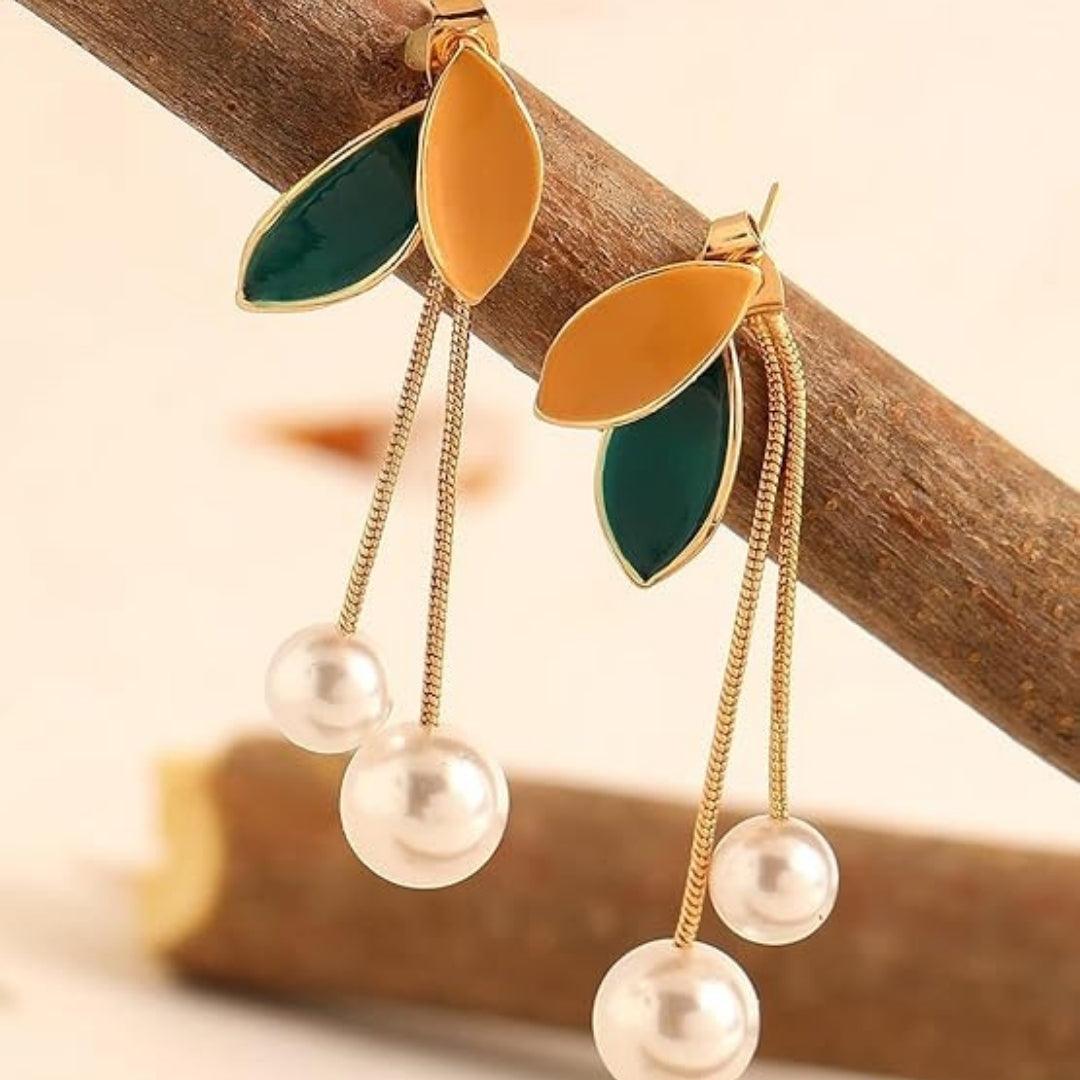 Leaf and Pearl Dangle Earrings