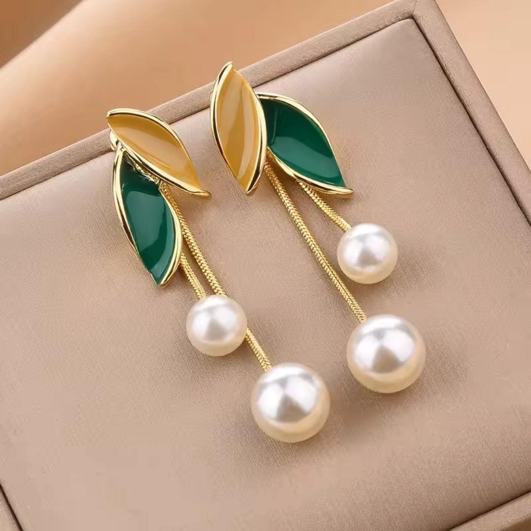 Leaf and Pearl Dangle Earrings