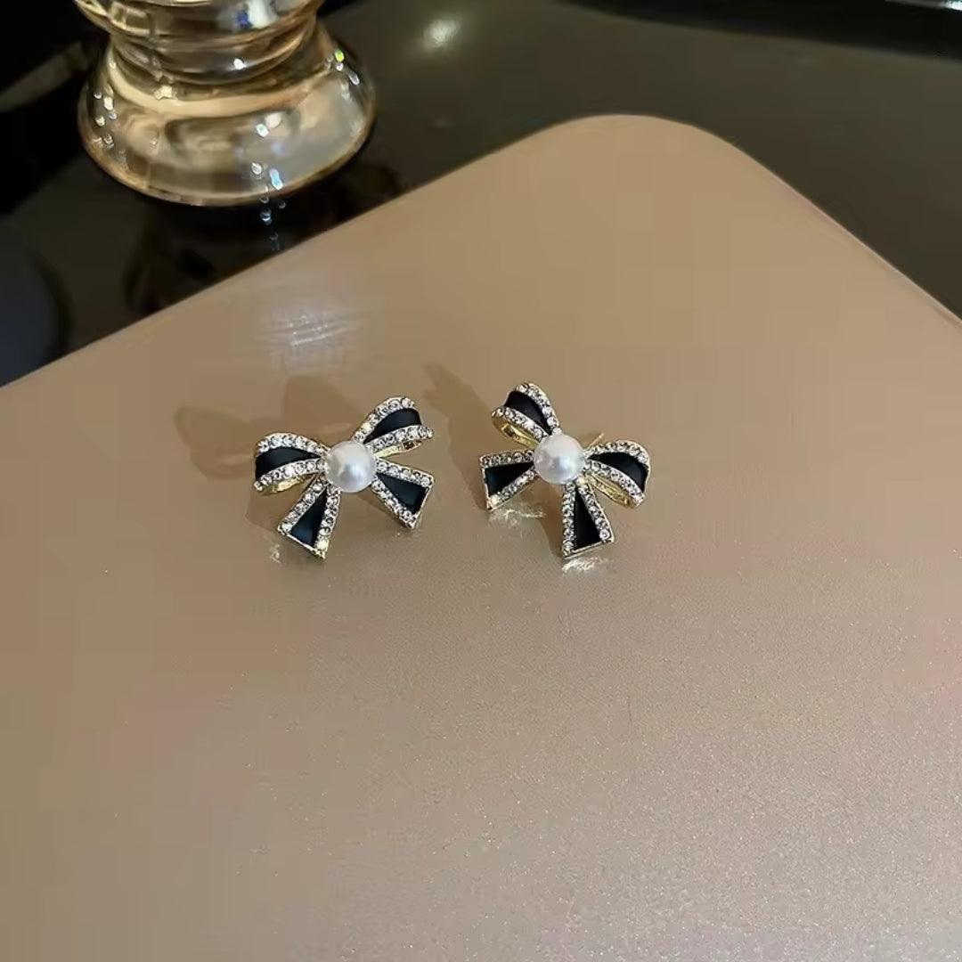 Black Bow Pearl and Rhinestone Earrings