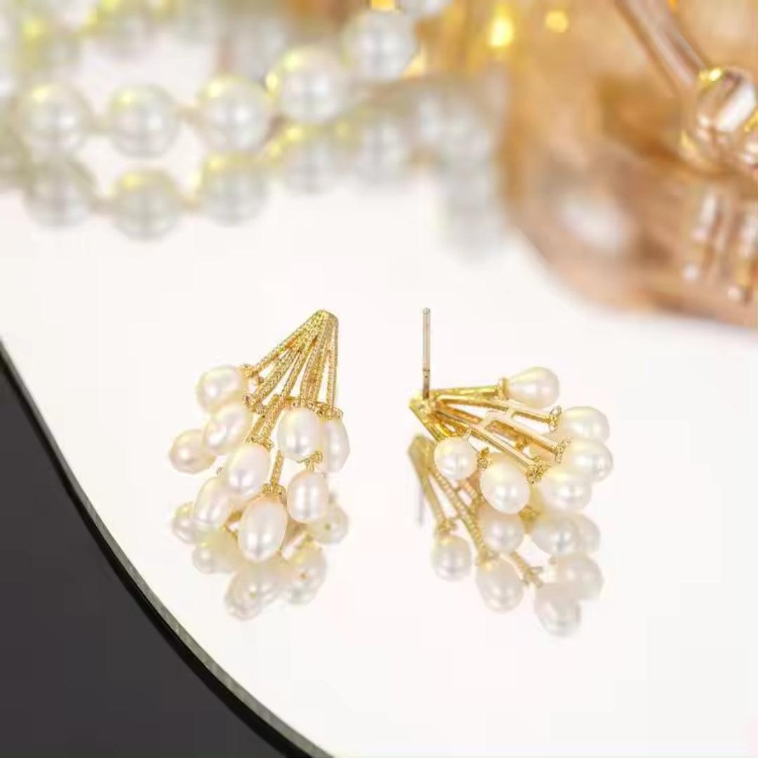 Gold and Pearl Cluster Earrings