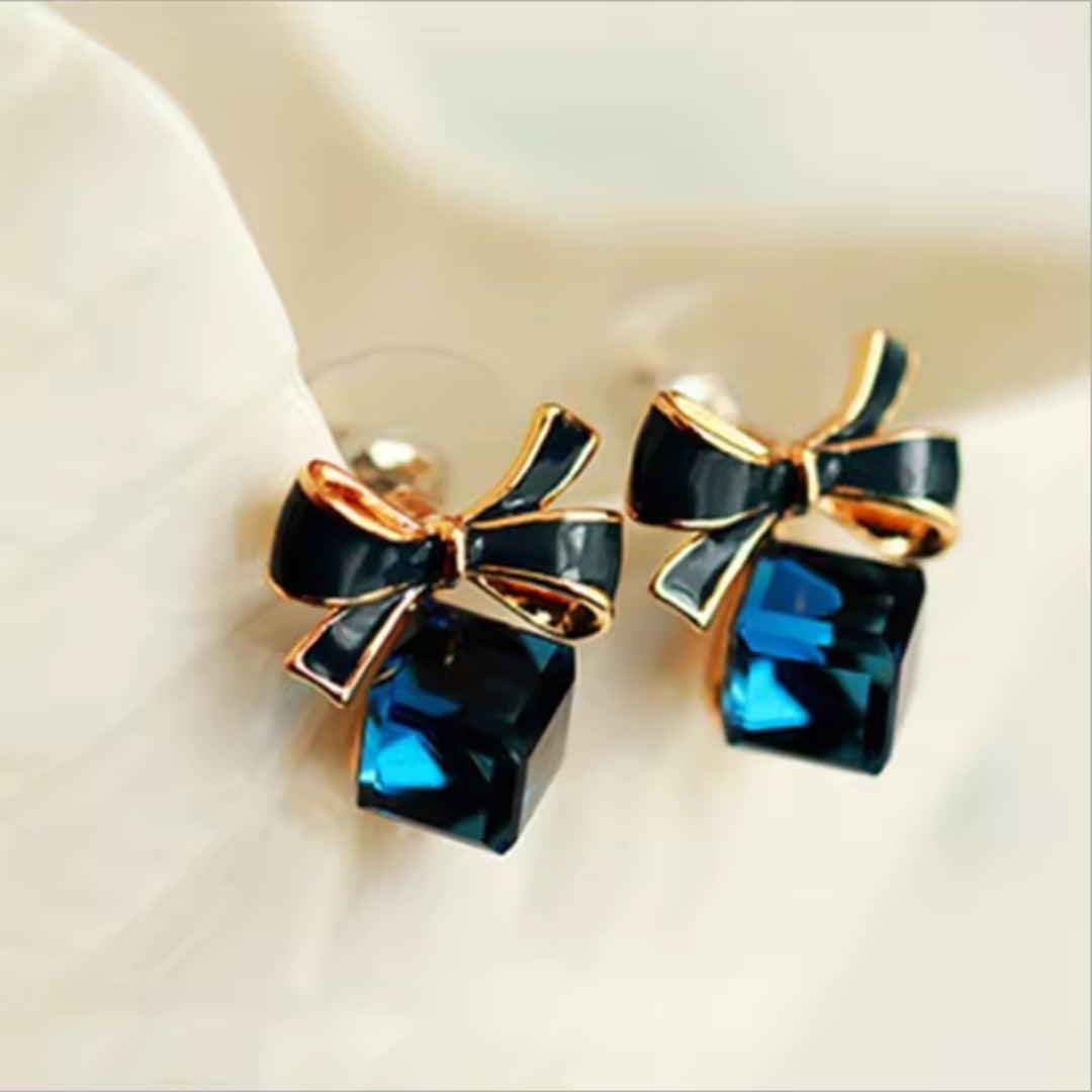 Navy Bow and Crystal Stud Earrings