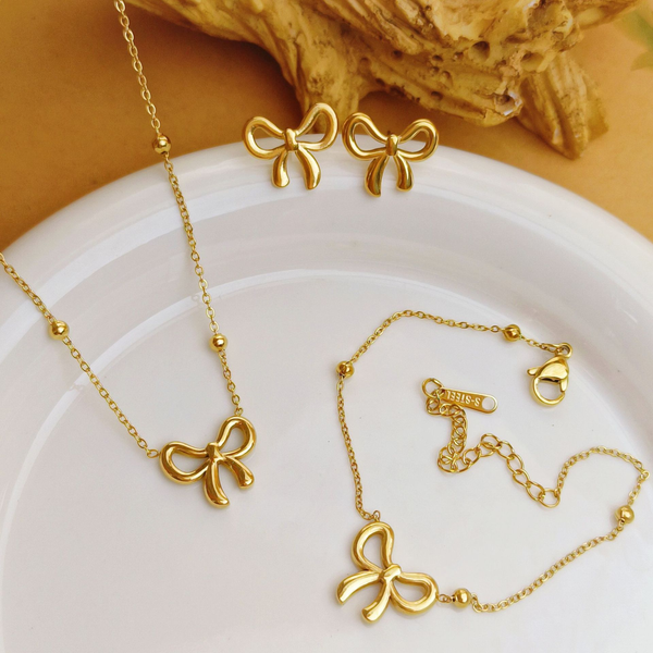 Gold Bow Necklace Bracelet Earrings Set