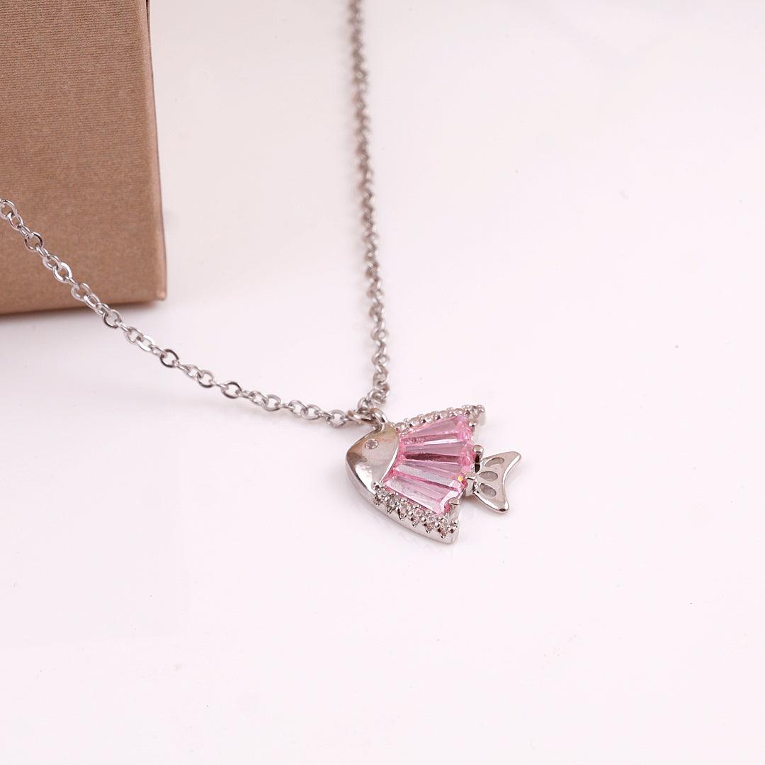 Silver Necklace with Pink Crystal Fish Pendant