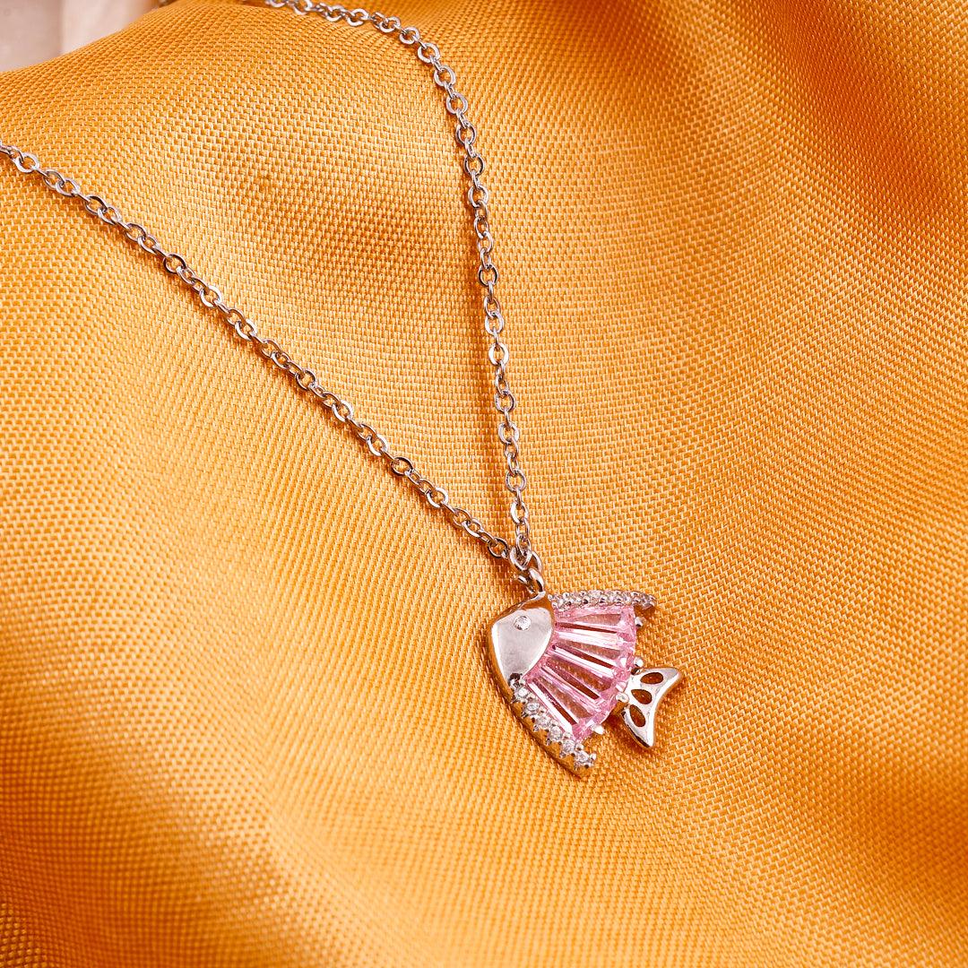 Silver Necklace with Pink Crystal Fish Pendant