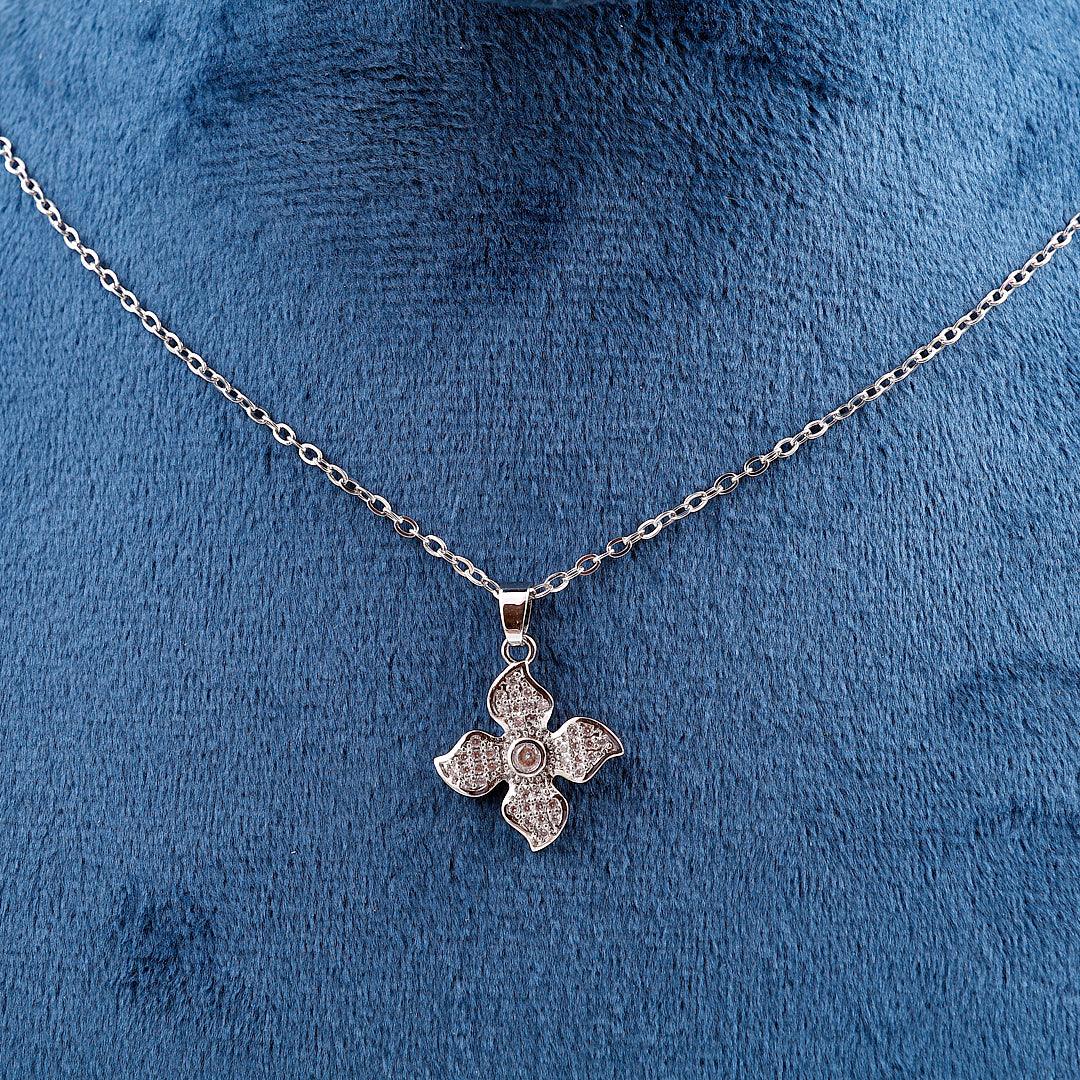 Silver-Toned Necklace with Floral Pendant