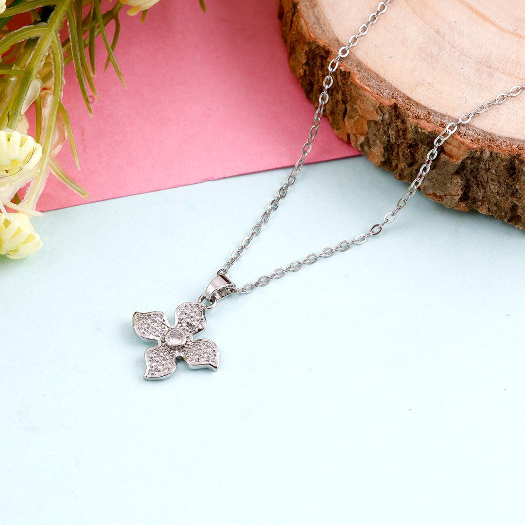 Silver-Toned Necklace with Floral Pendant