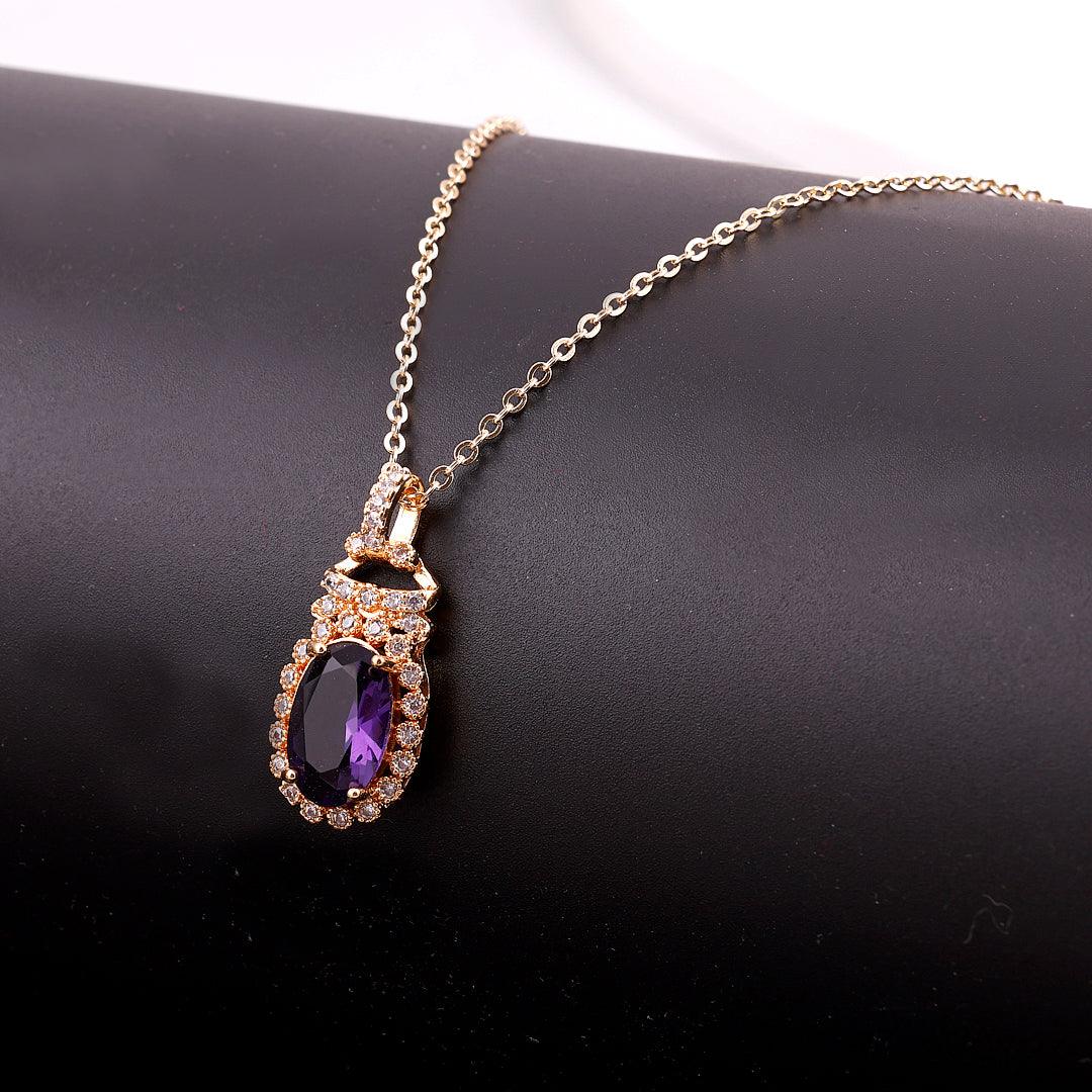 Gold-Toned Necklace with Purple Oval Pendant