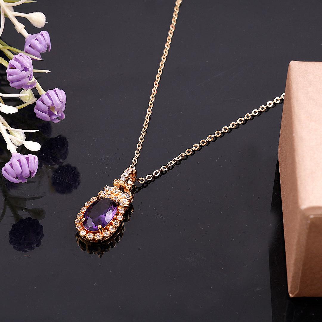 Gold-Toned Necklace with Purple Oval Pendant