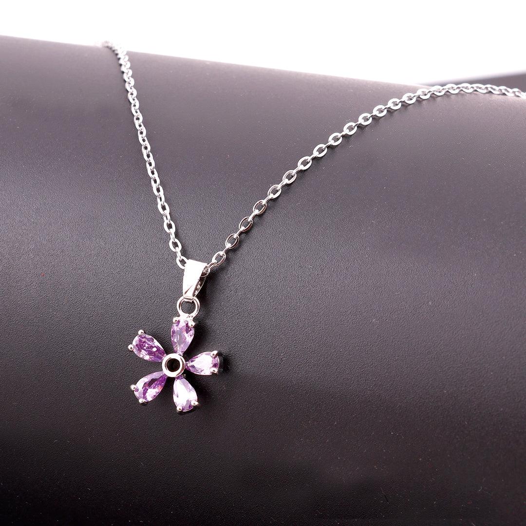 Silver Necklace with Purple Gemstone Flower Pendant