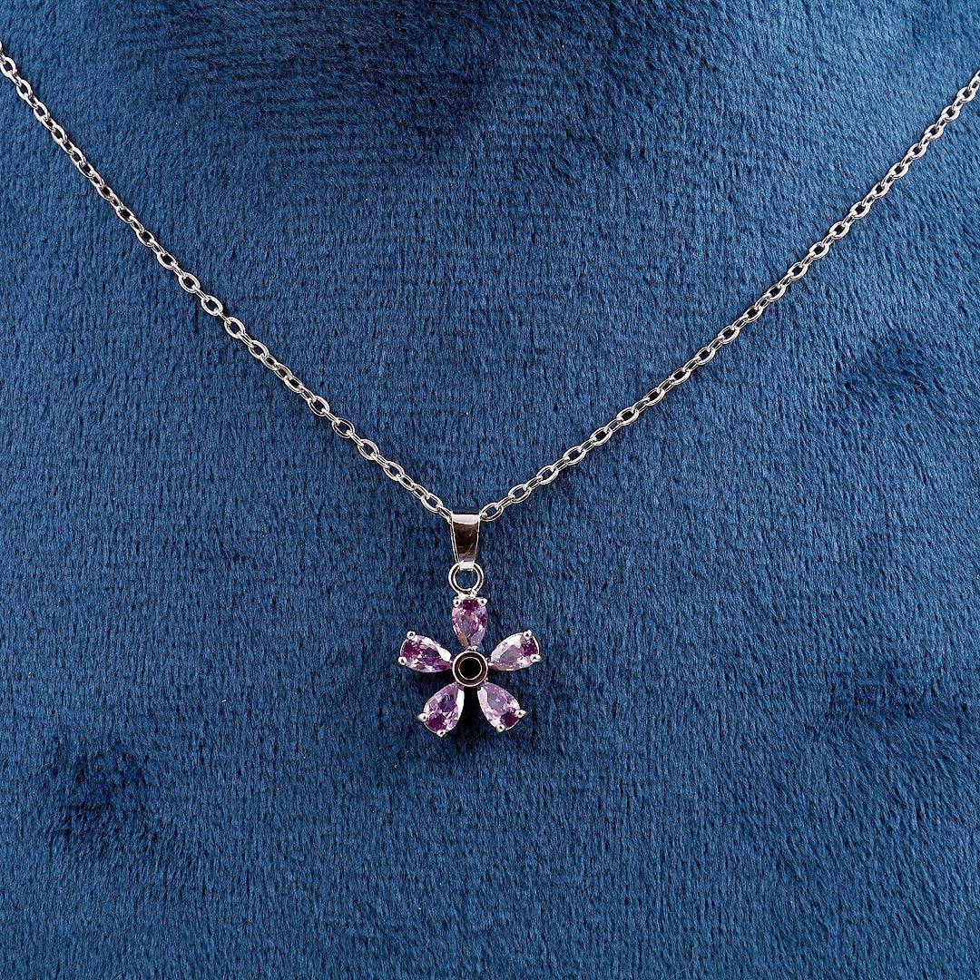 Silver Necklace with Purple Gemstone Flower Pendant