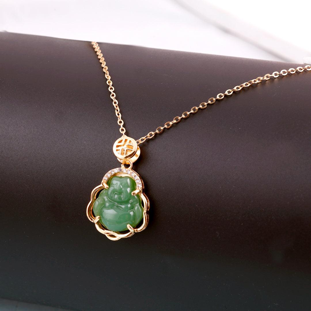 Gold Necklace with Green Jade Buddha Pendant