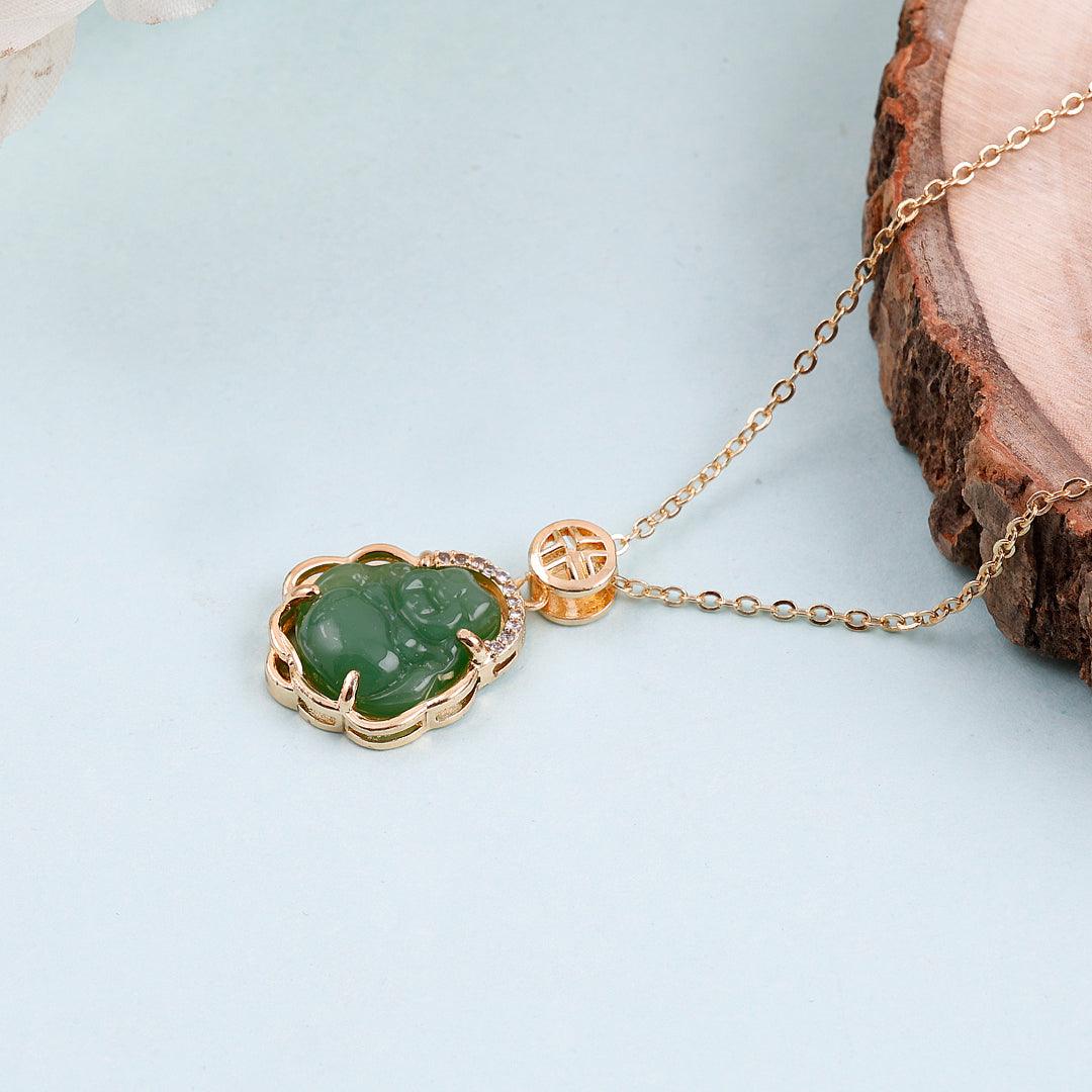 Gold Necklace with Green Jade Buddha Pendant