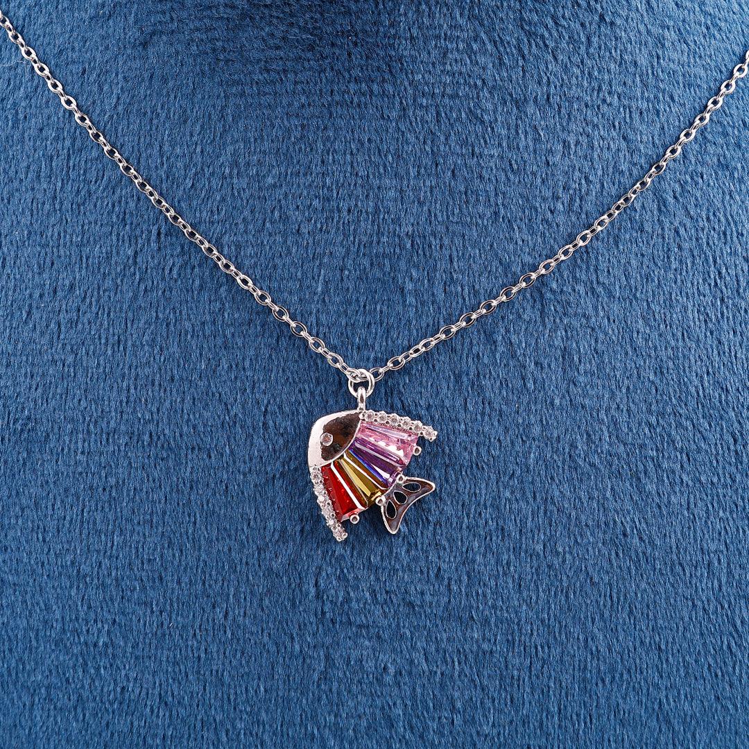 Silver Necklace with Fish-Shaped Pendant and Multicolored Gemstones