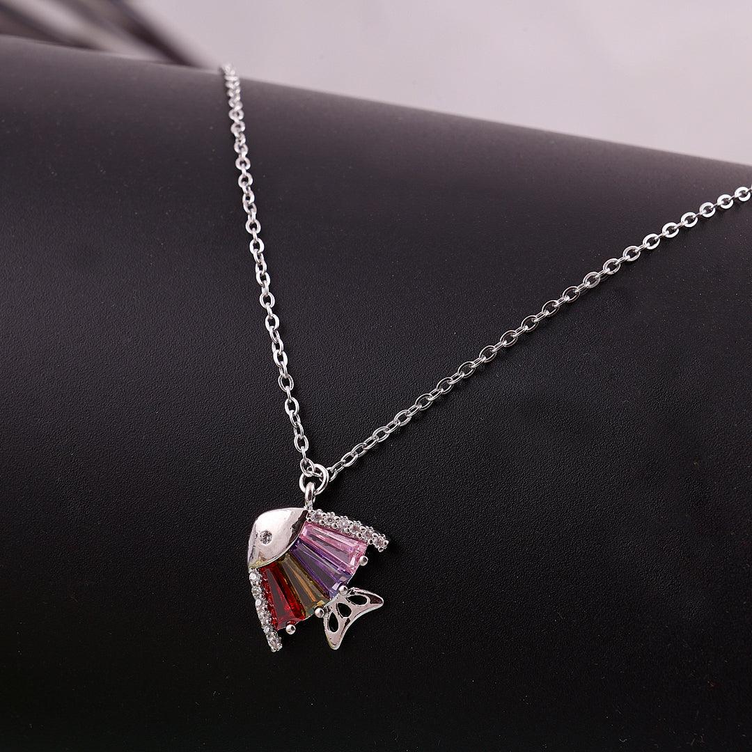 Silver Necklace with Fish-Shaped Pendant and Multicolored Gemstones