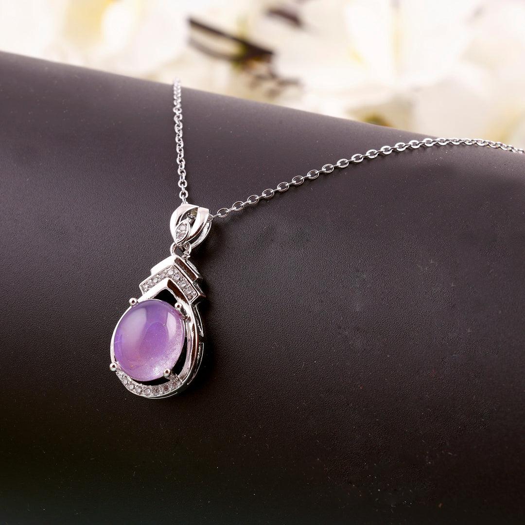 Silver Necklace with Purple Oval Pendant and Clear Accents