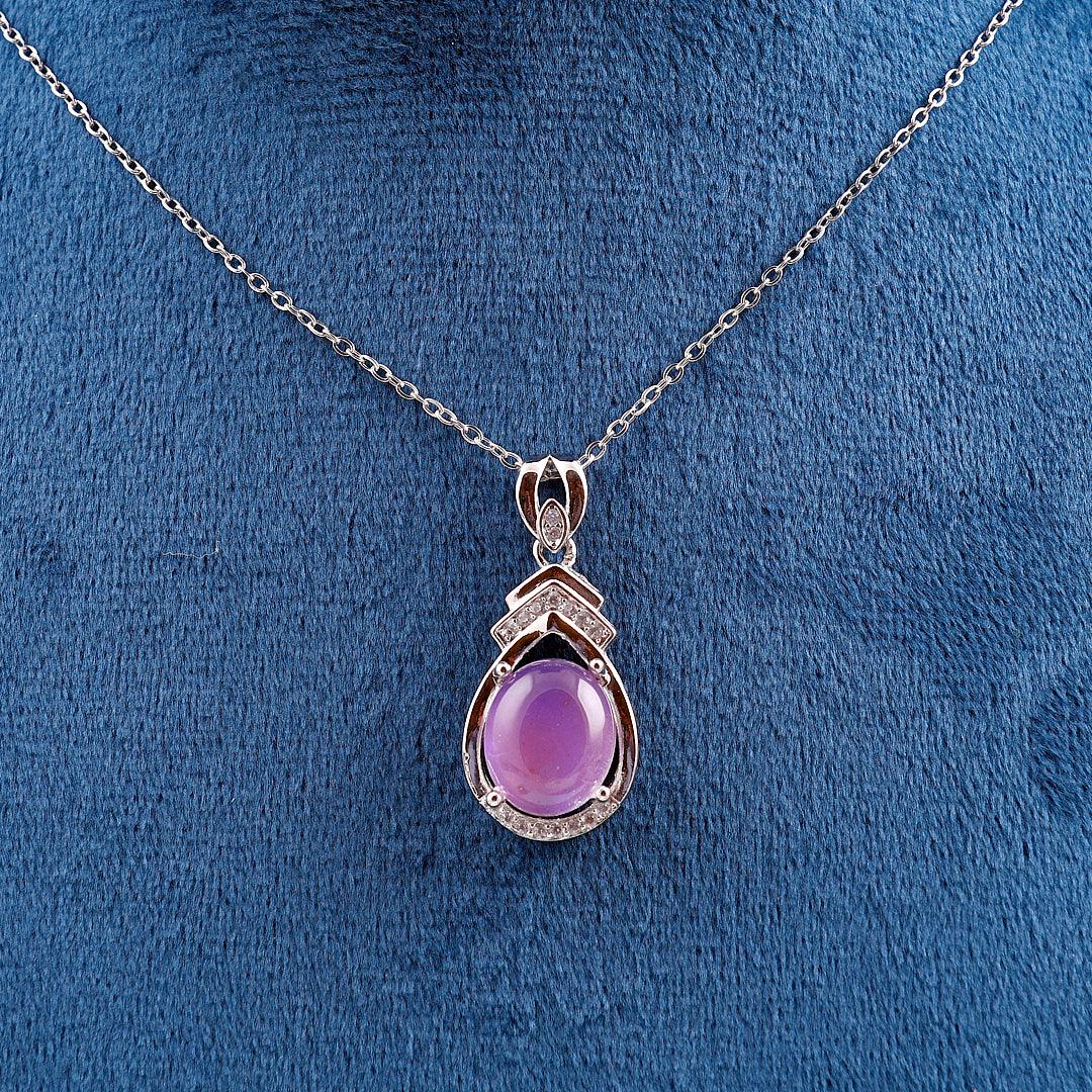 Silver Necklace with Purple Oval Pendant and Clear Accents