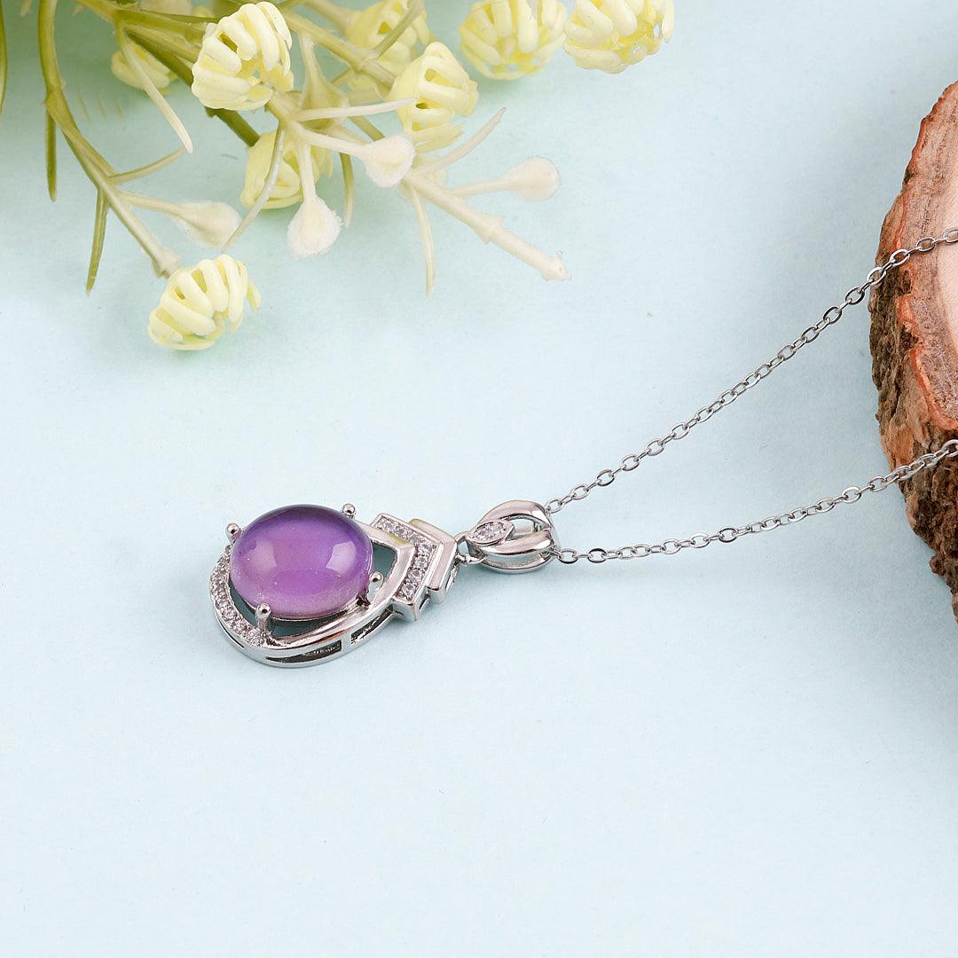 Silver Necklace with Purple Oval Pendant and Clear Accents