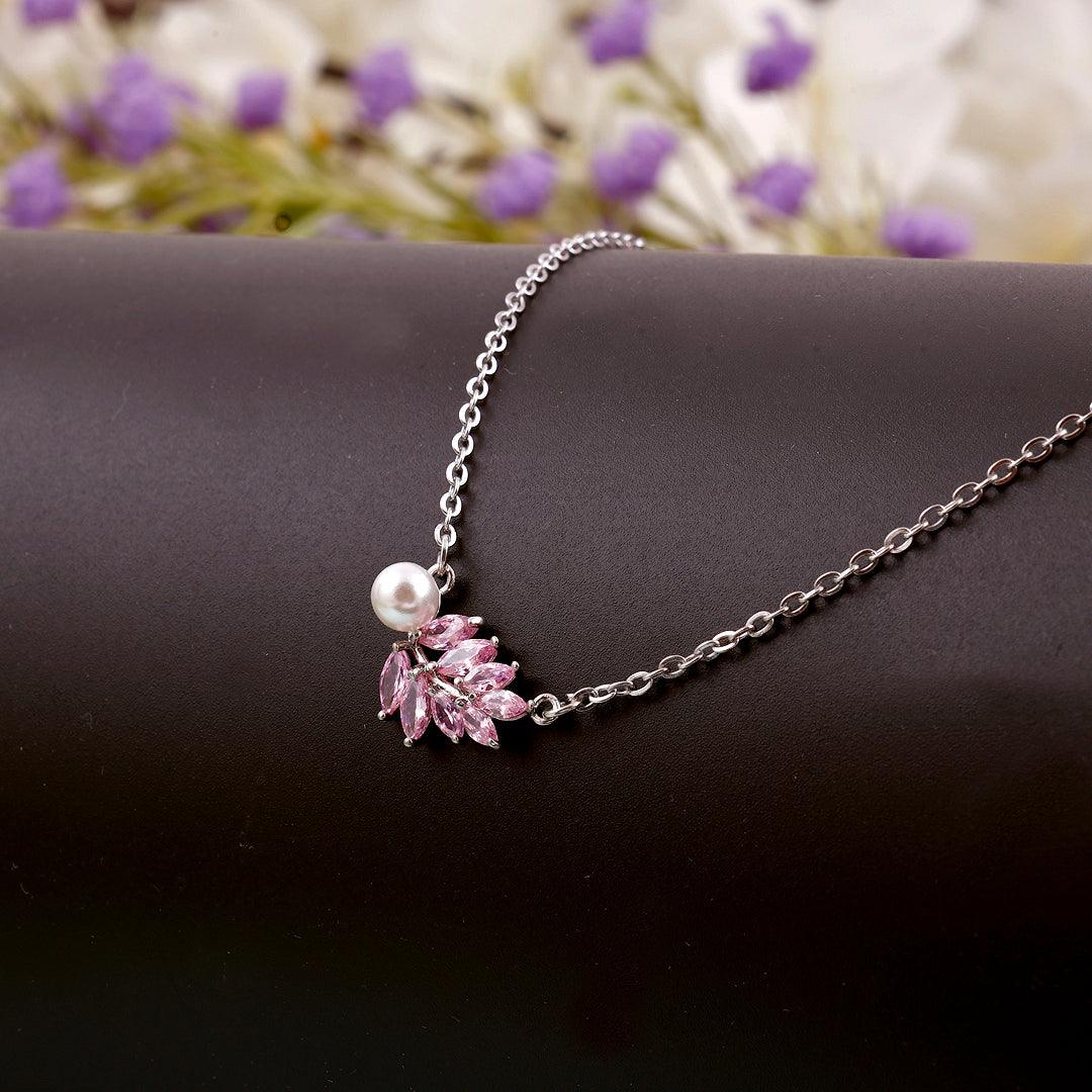 Silver Necklace with Pearl and Pink Marquise Stones Pendant