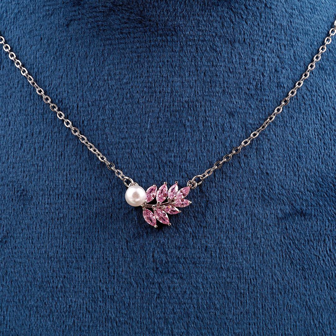 Silver Necklace with Pearl and Pink Marquise Stones Pendant