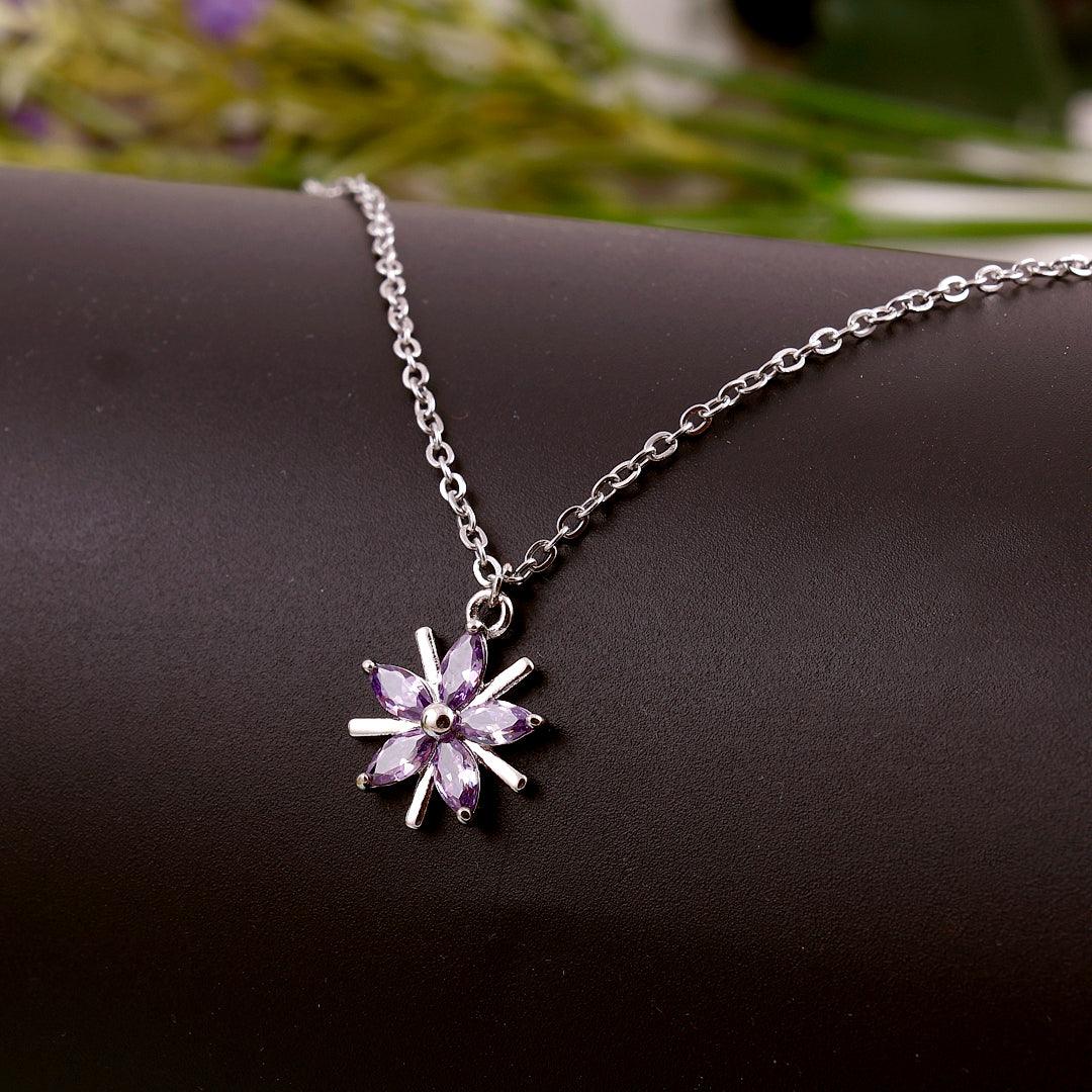 Silver Necklace with Purple Marquise Stones Floral Pendant