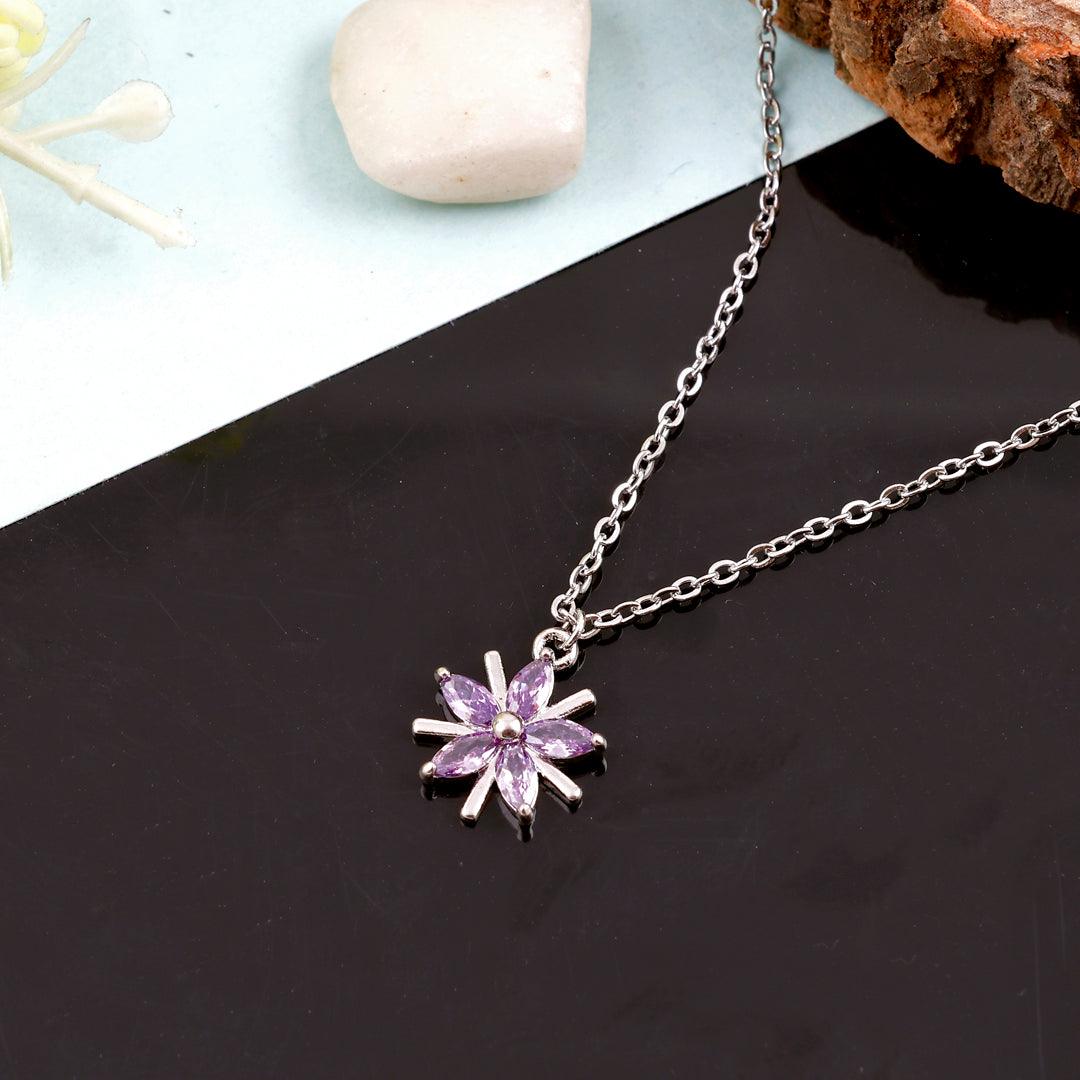 Silver Necklace with Purple Marquise Stones Floral Pendant