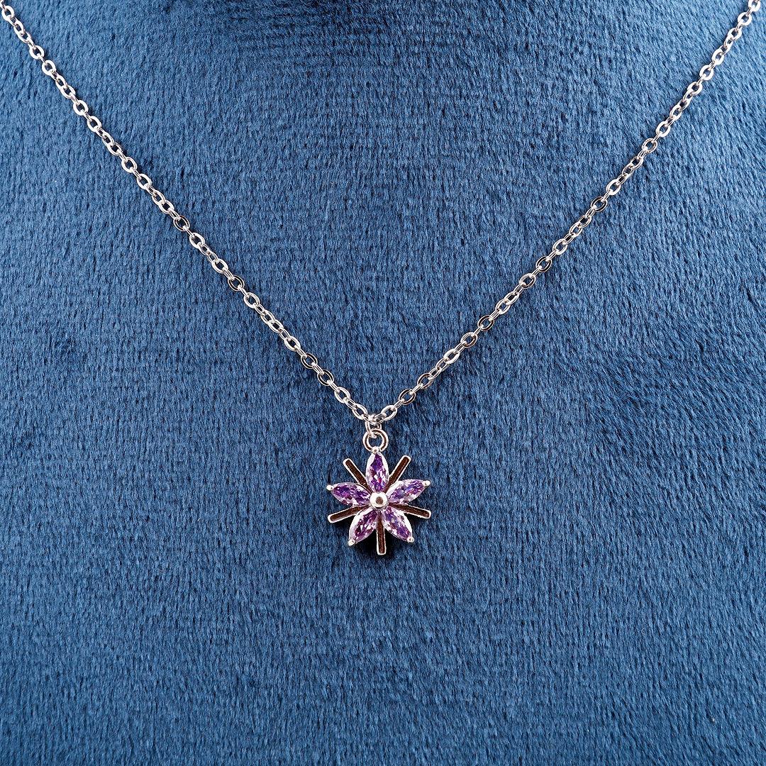 Silver Necklace with Purple Marquise Stones Floral Pendant