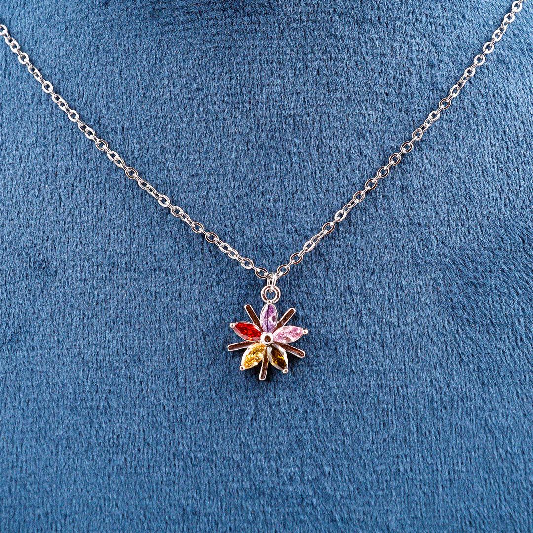 Silver Necklace with Multicolored Marquise Stones Floral Pendant