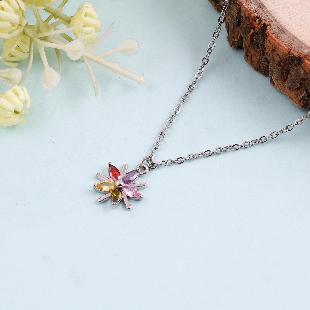 Silver Necklace with Multicolored Marquise Stones Floral Pendant