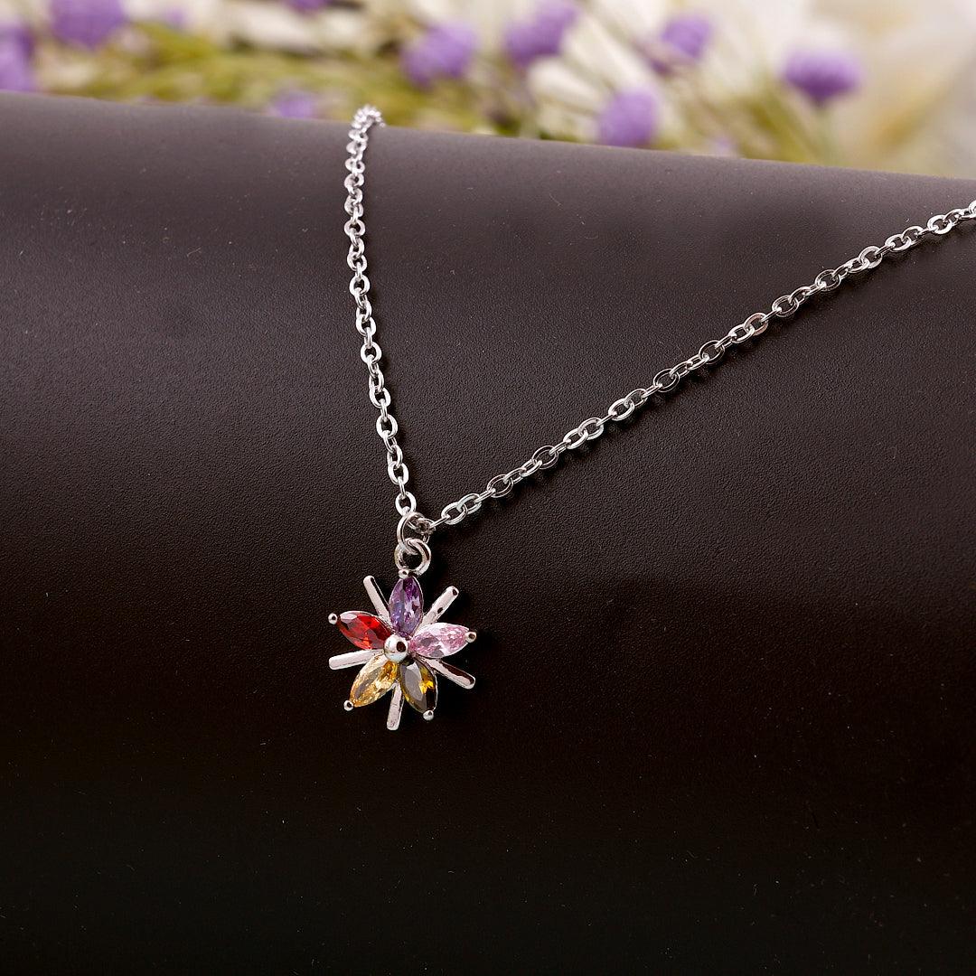 Silver Necklace with Multicolored Marquise Stones Floral Pendant