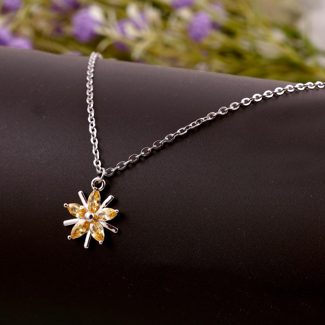 Silver Necklace with Yellow Marquise Stones Floral Pendant