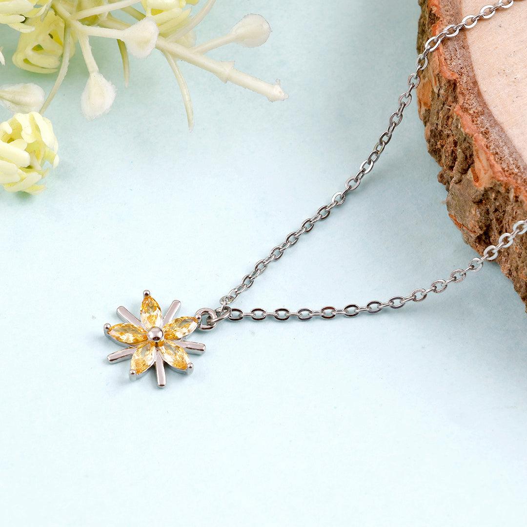 Silver Necklace with Yellow Marquise Stones Floral Pendant