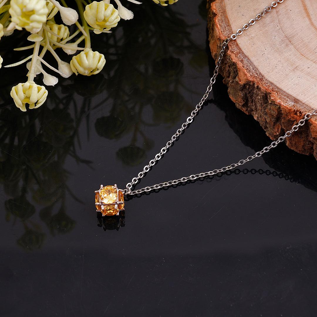 Silver Necklace with Yellow Gemstone Cube Pendant